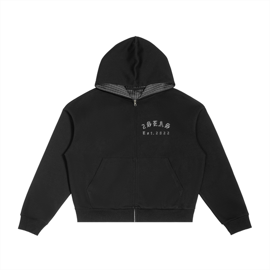 Contrast Plaid Boxy Zip Hoodie